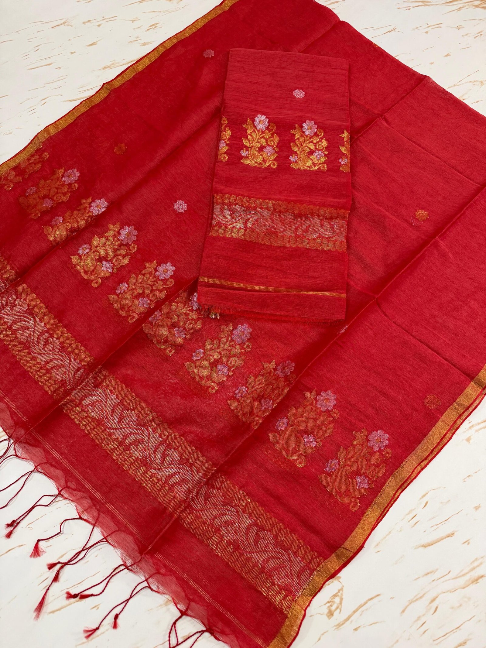 Elegant Pure Silk Linen Top & Dupatta Set with Zari Border