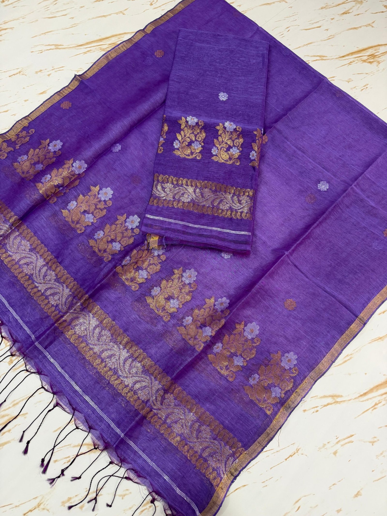 Elegant Pure Silk Linen Top & Dupatta Set with Zari Border
