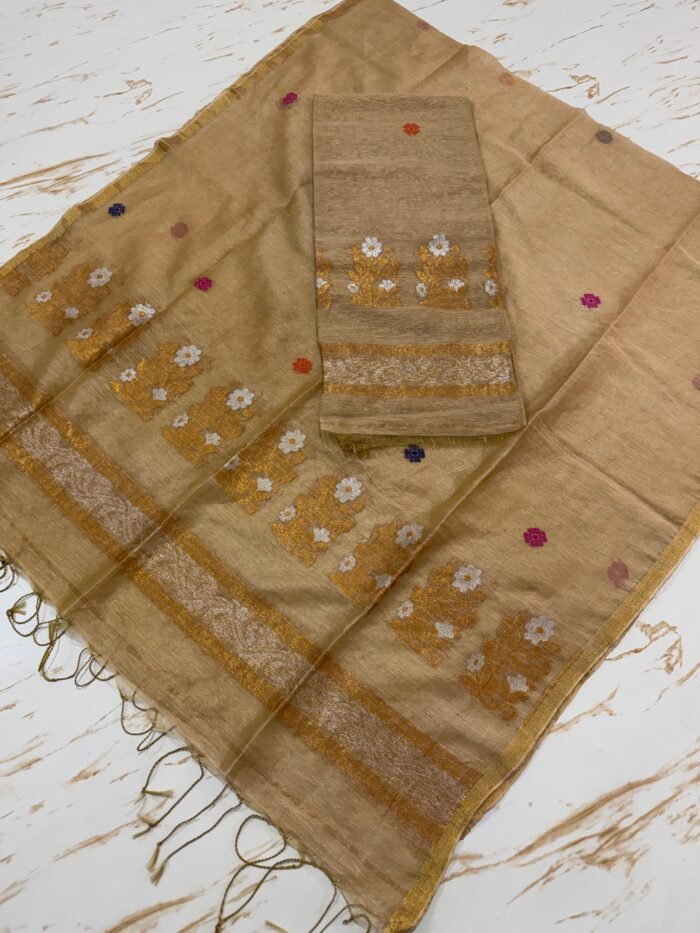 Elegant Pure Silk Linen Top & Dupatta Set with Zari Border