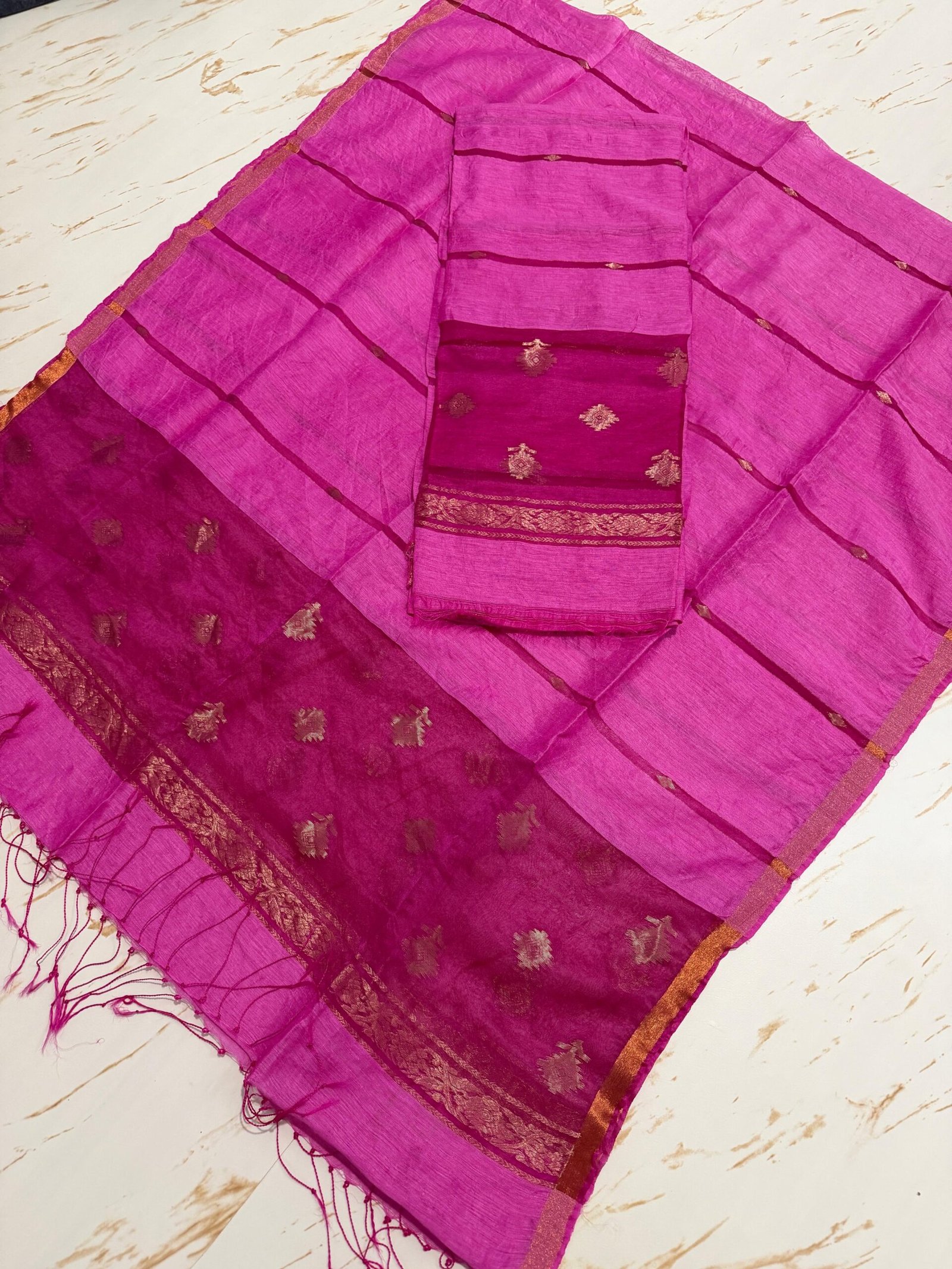 Premium Pure Silk Linen Top & Dupatta Set with Traditional Zari Motifs