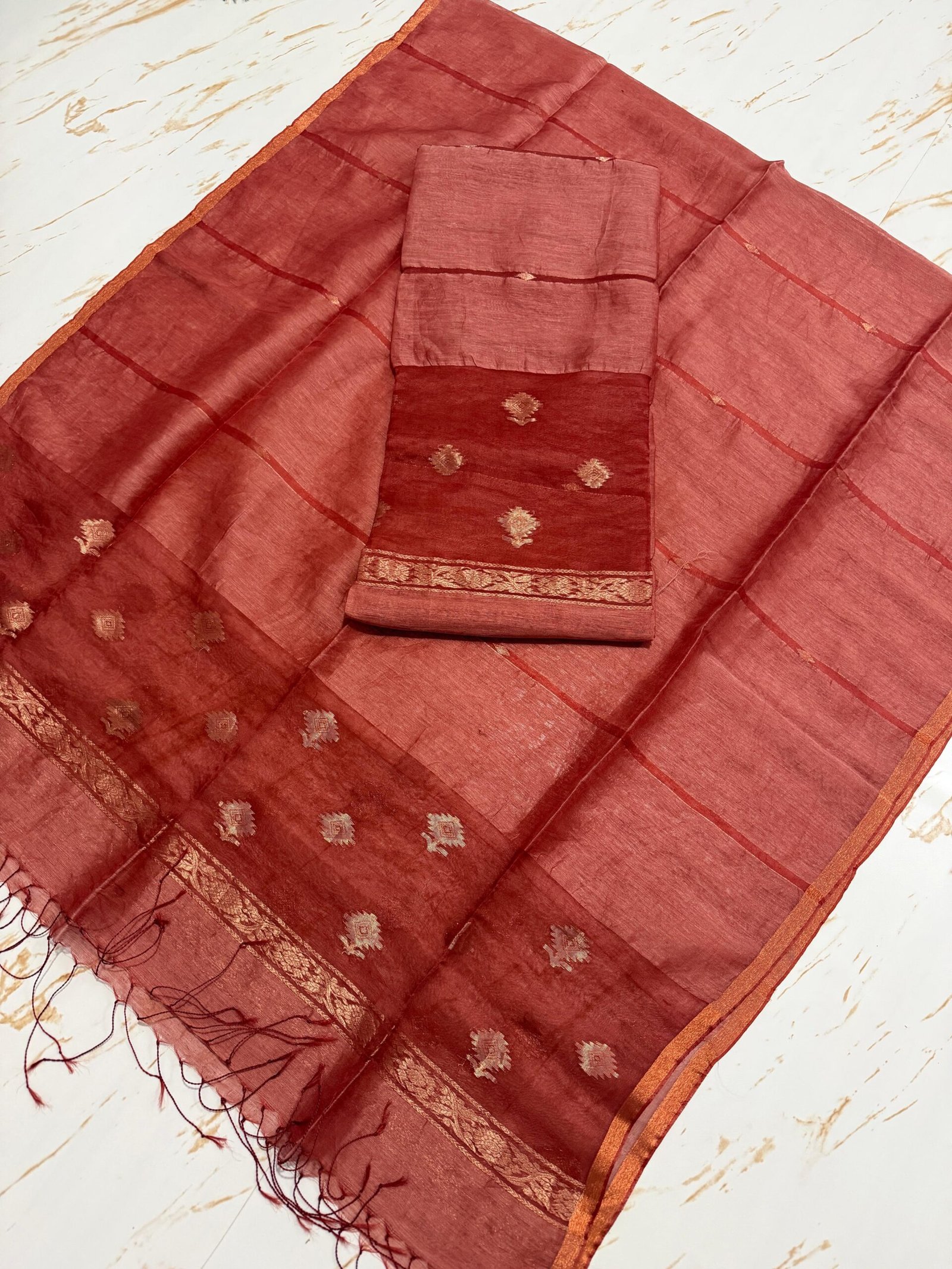 Premium Pure Silk Linen Top & Dupatta Set with Traditional Zari Motifs