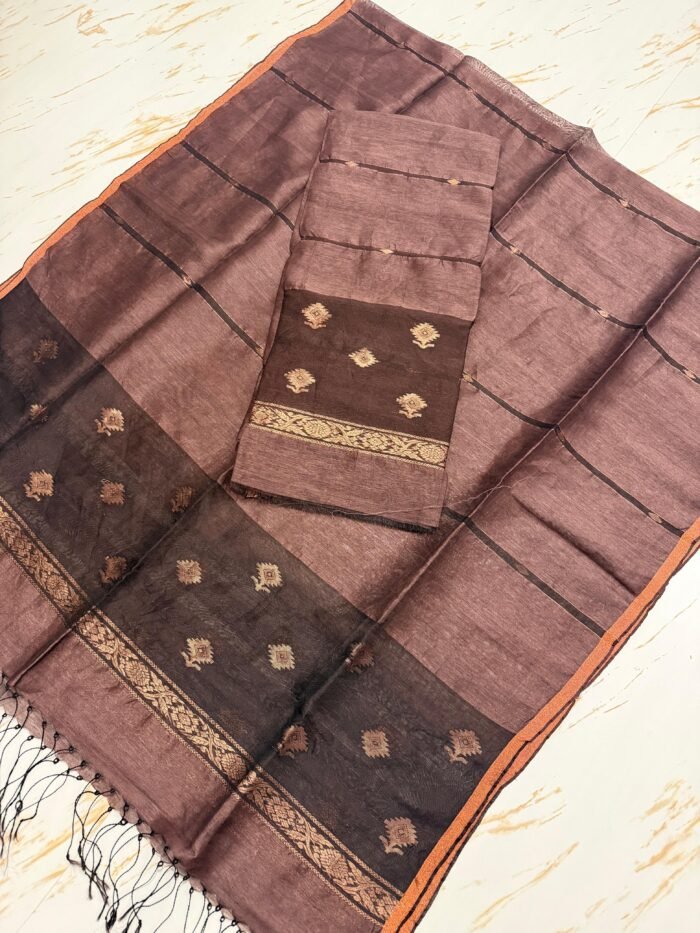 Premium Pure Silk Linen Top & Dupatta Set with Traditional Zari Motifs