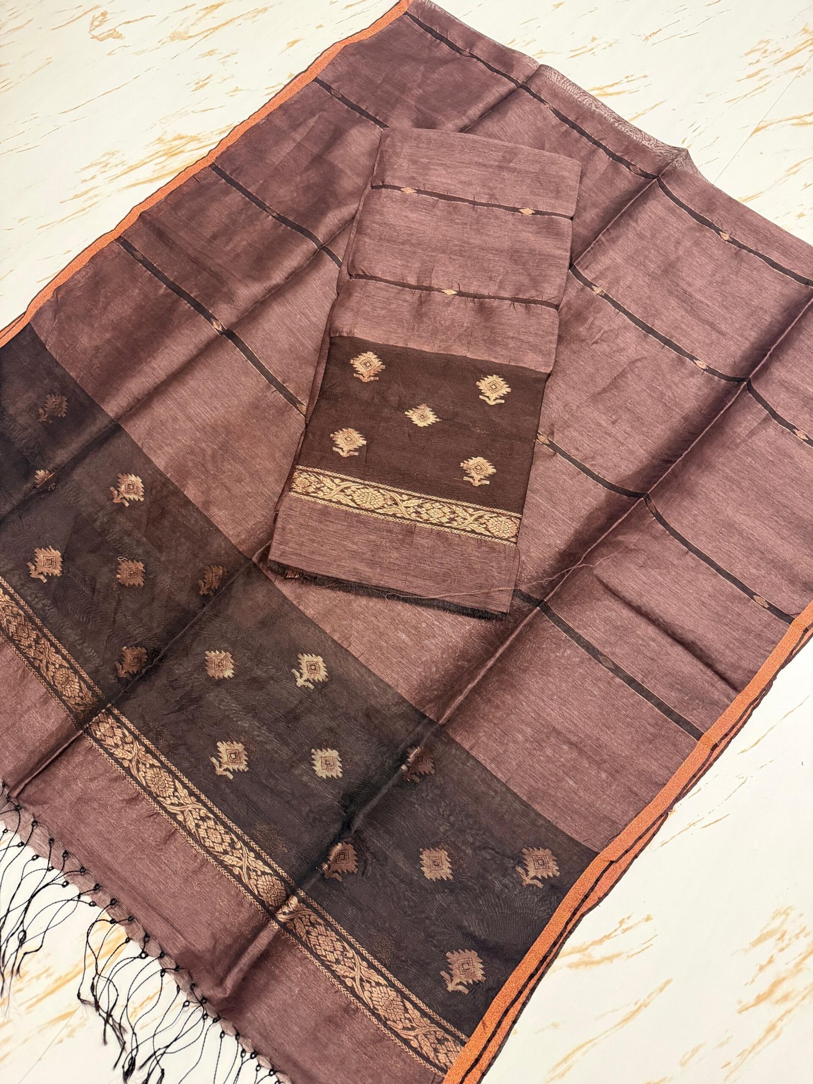 Premium Pure Silk Linen Top & Dupatta Set with Traditional Zari Motifs