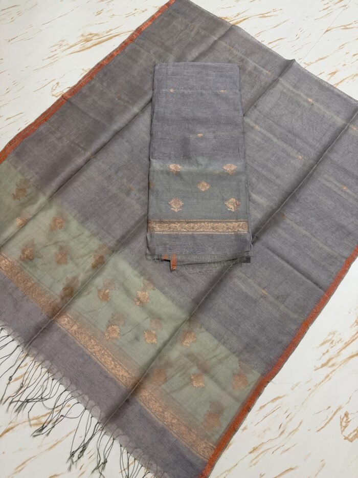 Premium Pure Silk Linen Top & Dupatta Set with Traditional Zari Motifs