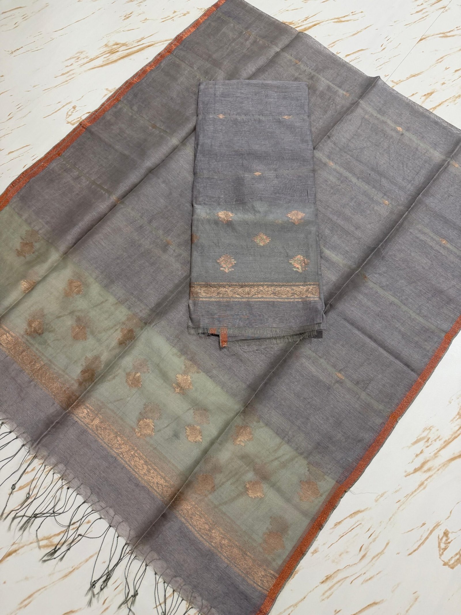 Premium Pure Silk Linen Top & Dupatta Set with Traditional Zari Motifs