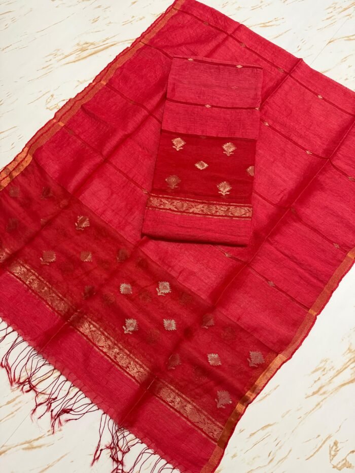 Premium Pure Silk Linen Top & Dupatta Set with Traditional Zari Motifs