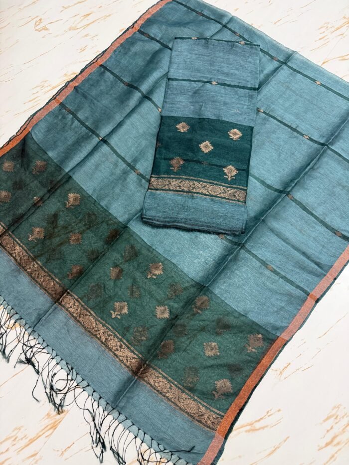 Premium Pure Silk Linen Top & Dupatta Set with Traditional Zari Motifs