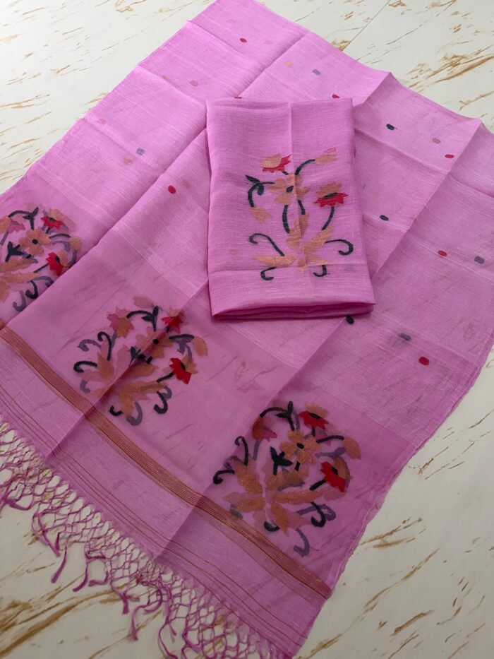 Pure Silk Linen Top & Dupatta Set with Jamdani Floral Motifs