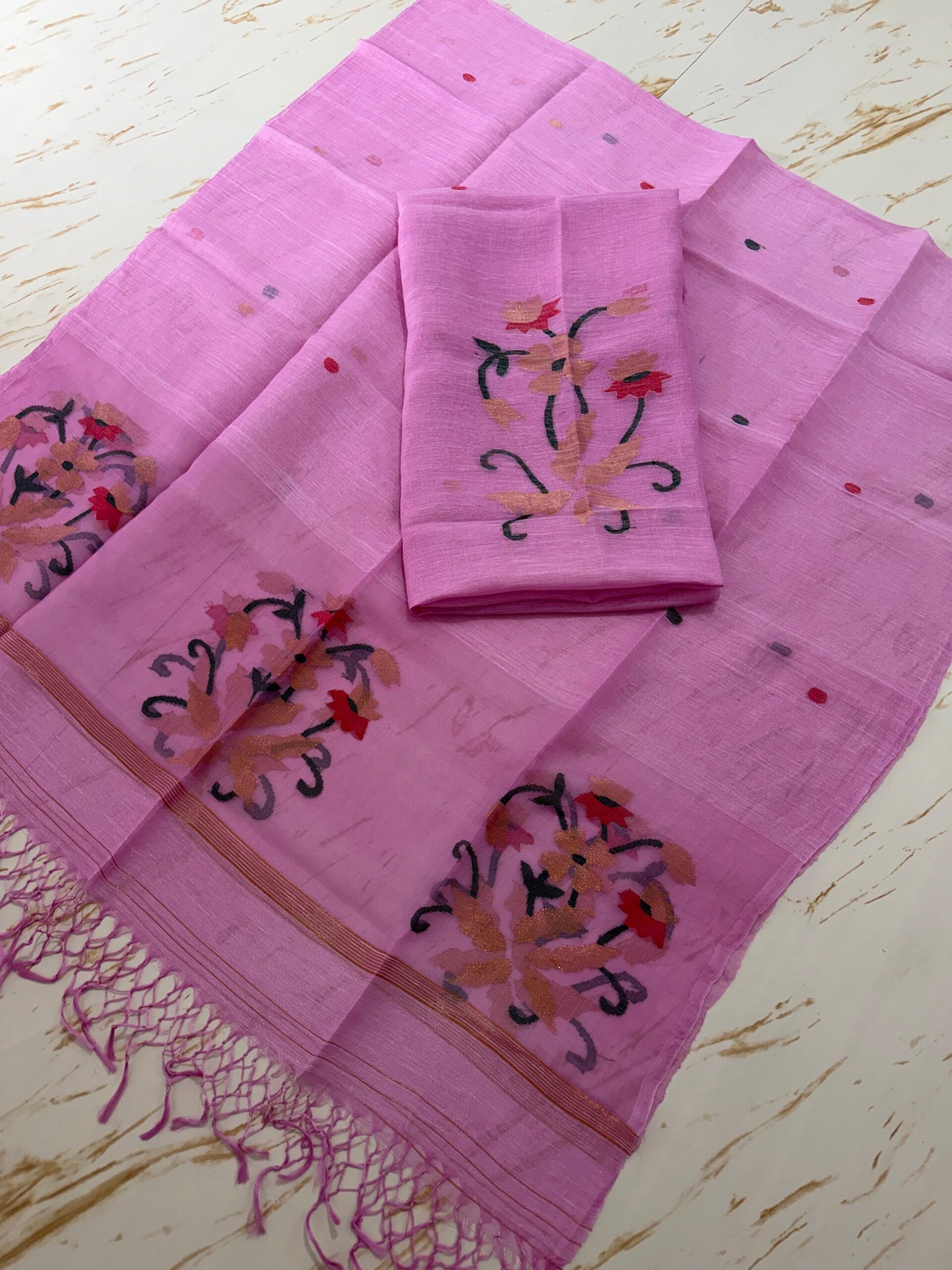 Pure Silk Linen Top & Dupatta Set with Jamdani Floral Motifs