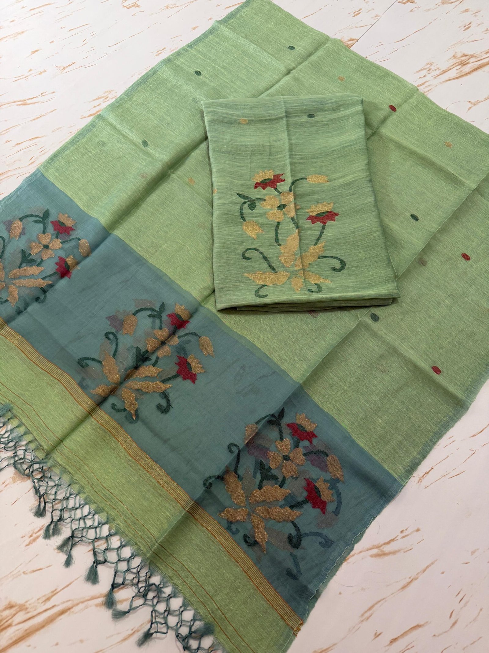 Pure Silk Linen Top & Dupatta Set with Jamdani Floral Motifs