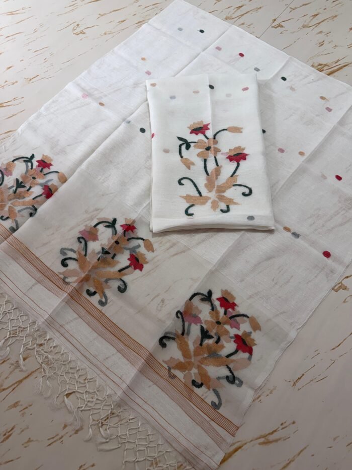 Pure Silk Linen Top & Dupatta Set with Jamdani Floral Motifs
