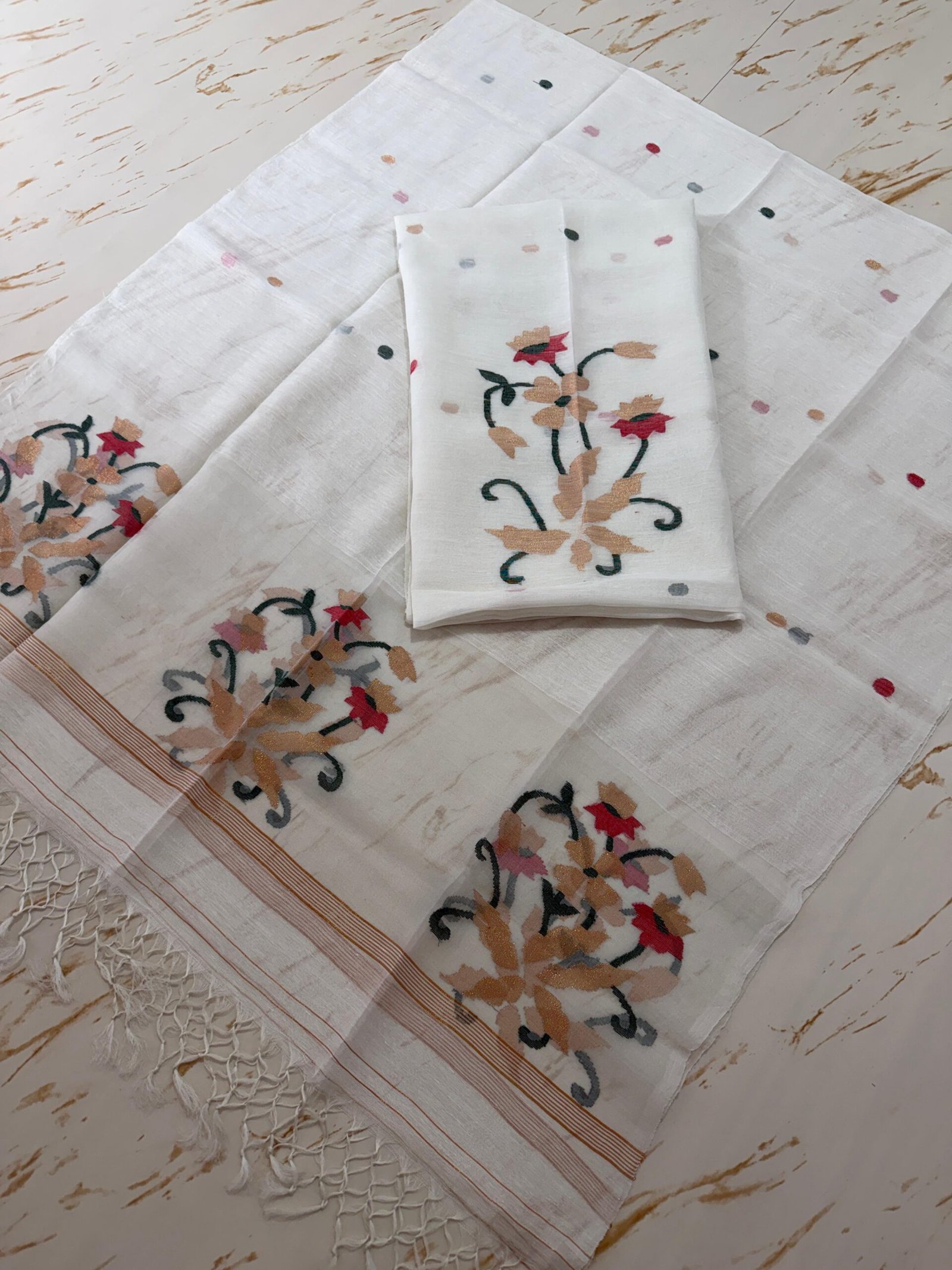 Pure Silk Linen Top & Dupatta Set with Jamdani Floral Motifs