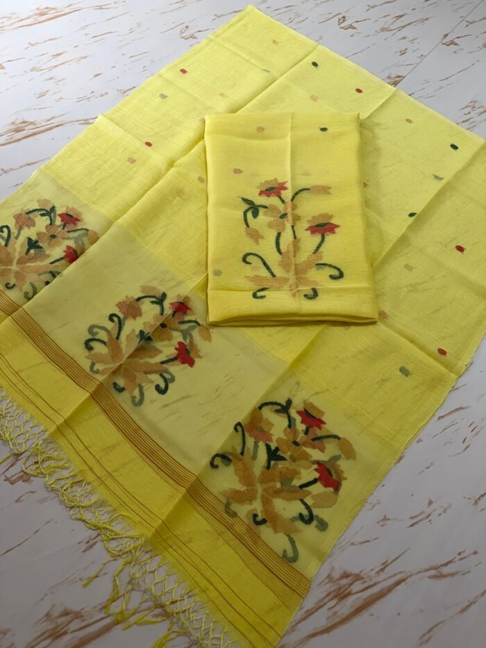 Pure Silk Linen Top & Dupatta Set with Jamdani Floral Motifs