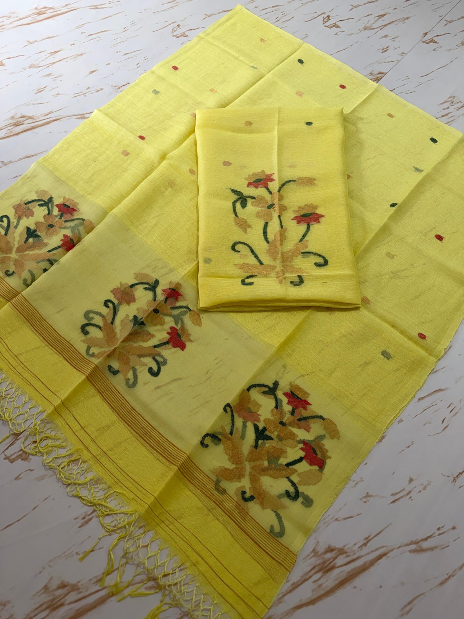 Pure Silk Linen Top & Dupatta Set with Jamdani Floral Motifs