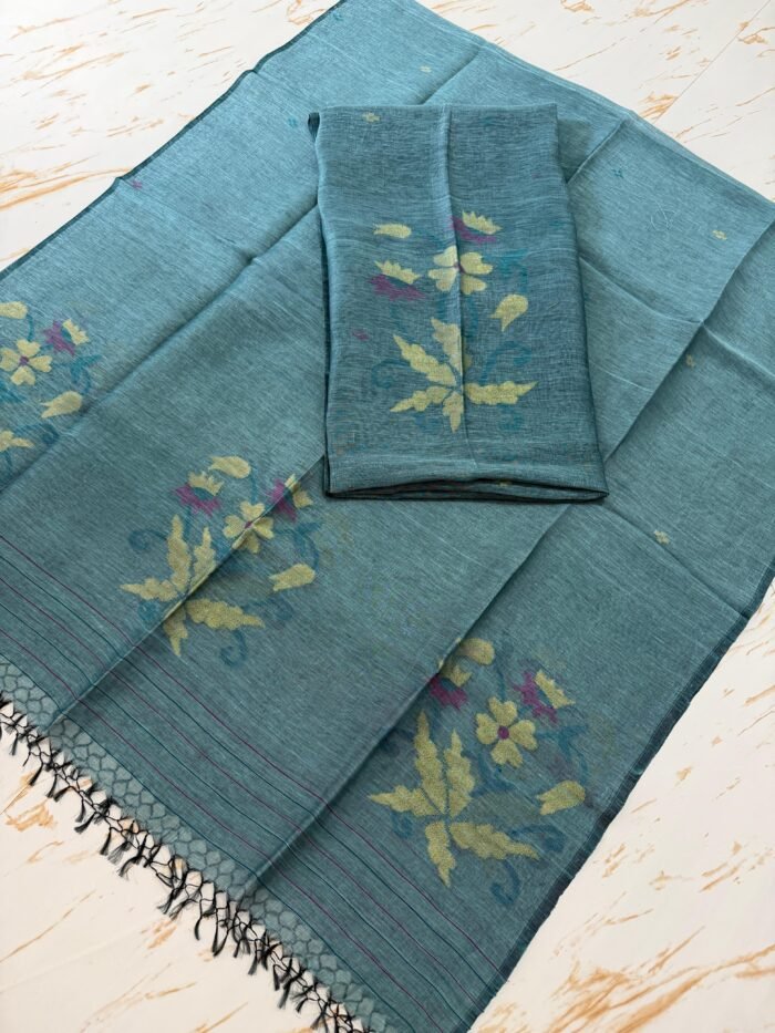 Pure Silk Linen Top & Dupatta Set with Jamdani Floral Motifs