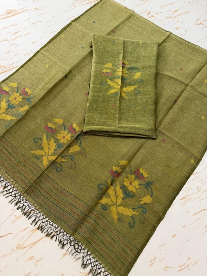 Pure Silk Linen Top & Dupatta Set with Jamdani Floral Motifs