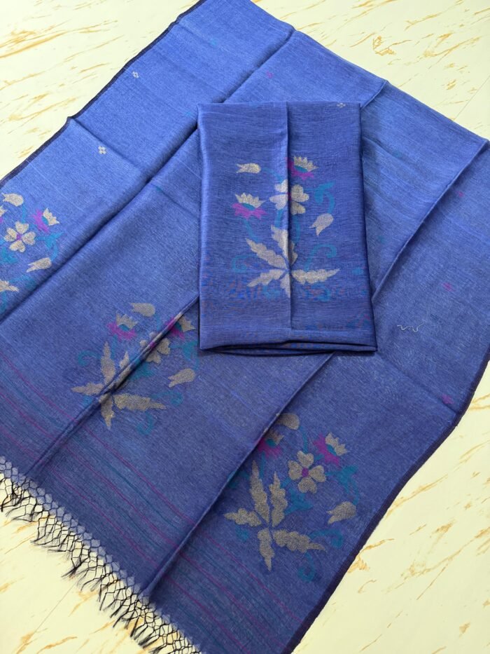 Pure Silk Linen Top & Dupatta Set with Jamdani Floral Motifs