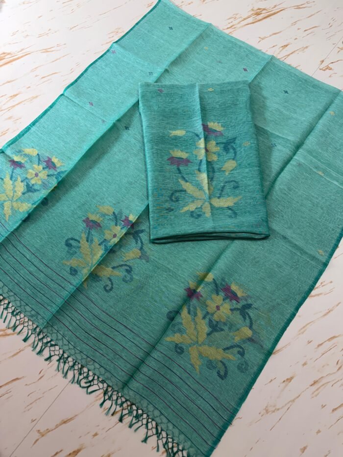 Pure Silk Linen Top & Dupatta Set with Jamdani Floral Motifs