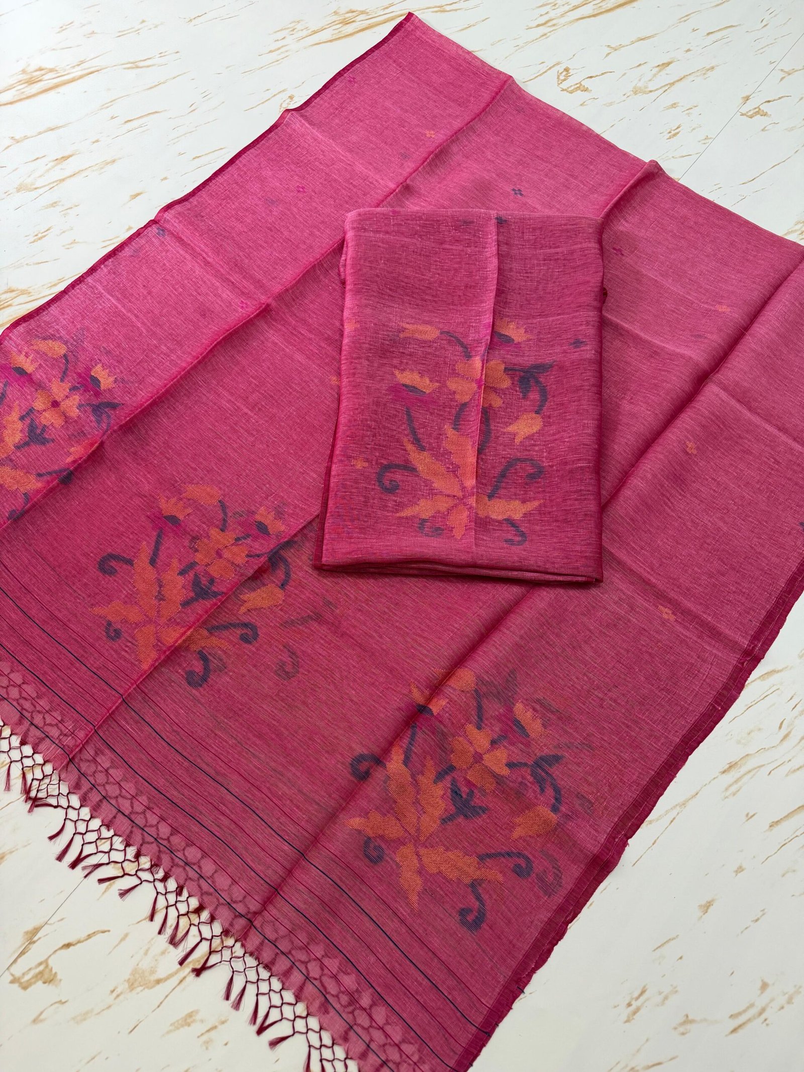 Pure Silk Linen Top & Dupatta Set with Jamdani Floral Motifs