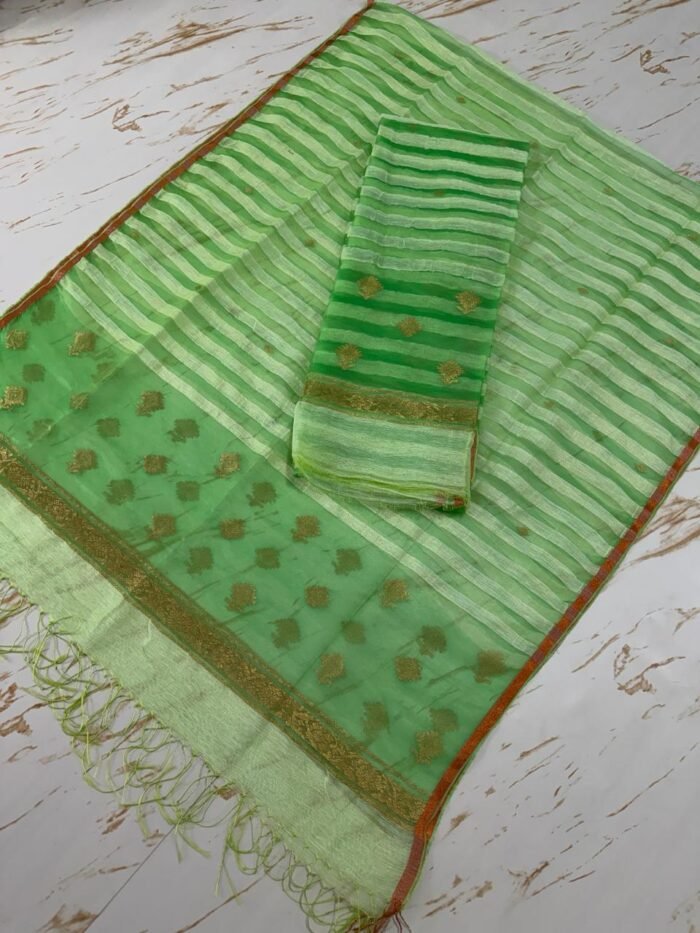 Premium Pure Silk Linen Top & Dupatta Set with Woven Stripes and Zari Bootis