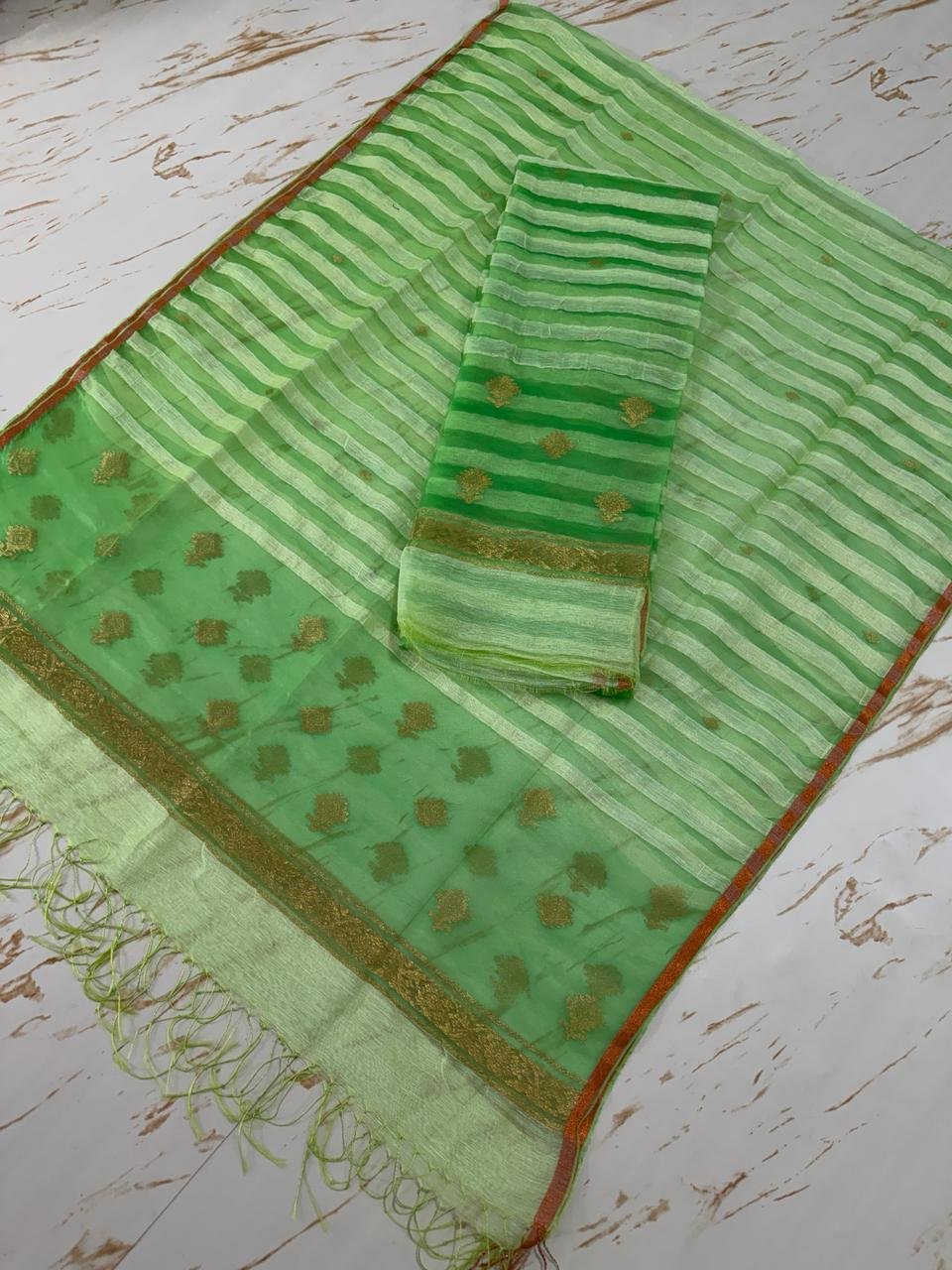 Premium Pure Silk Linen Top & Dupatta Set with Woven Stripes and Zari Bootis