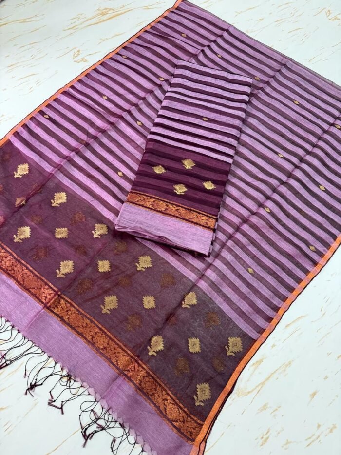 Premium Pure Silk Linen Top & Dupatta Set with Woven Stripes and Zari Bootis