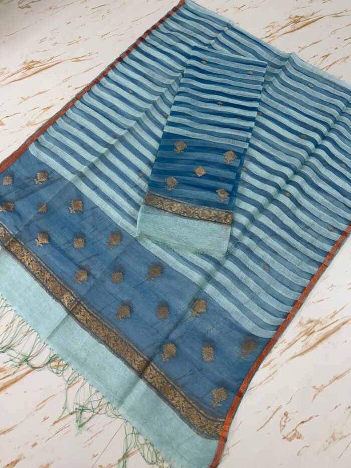 Premium Pure Silk Linen Top & Dupatta Set with Woven Stripes and Zari Bootis
