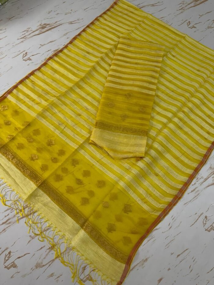Premium Pure Silk Linen Top & Dupatta Set with Woven Stripes and Zari Bootis
