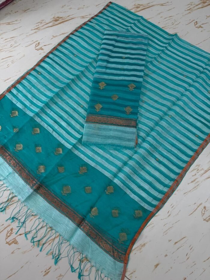 Premium Pure Silk Linen Top & Dupatta Set with Woven Stripes and Zari Bootis