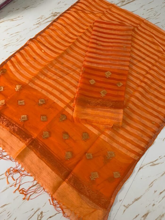 Premium Pure Silk Linen Top & Dupatta Set with Woven Stripes and Zari Bootis