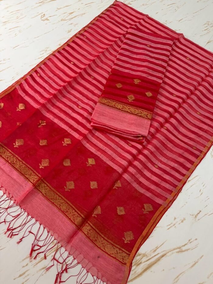 Premium Pure Silk Linen Top & Dupatta Set with Woven Stripes and Zari Bootis