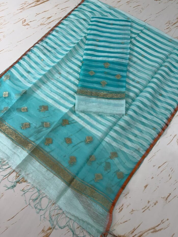 Premium Pure Silk Linen Top & Dupatta Set with Woven Stripes and Zari Bootis