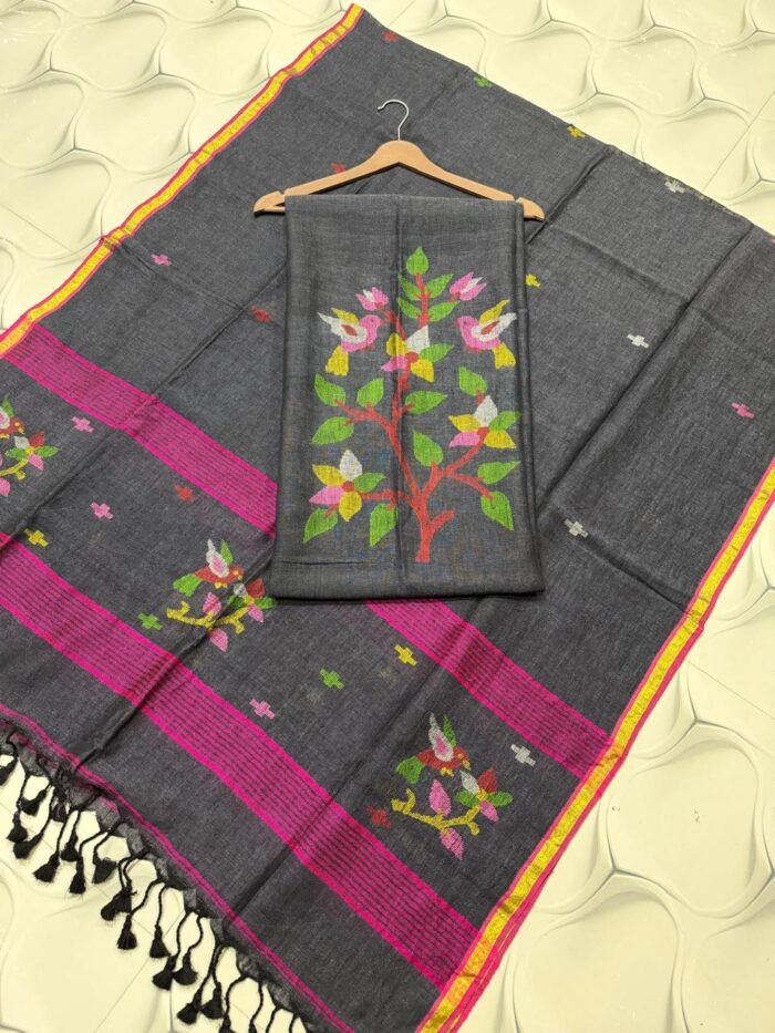 Premium Pure Linen Top & Dupatta Set with Artisanal Tree & Bird Motifs
