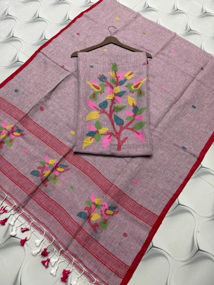 Premium Pure Linen Top & Dupatta Set with Artisanal Tree & Bird Motifs