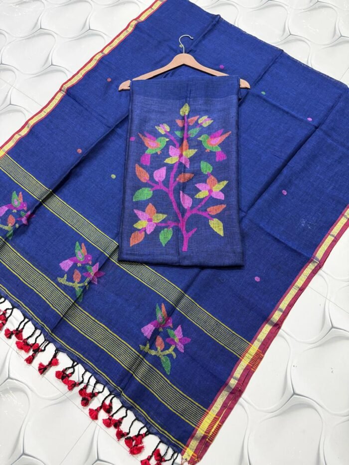 Premium Pure Linen Top & Dupatta Set with Artisanal Tree & Bird Motifs