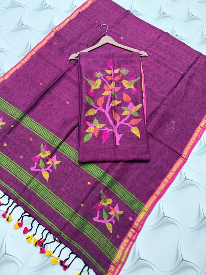 Premium Pure Linen Top & Dupatta Set with Artisanal Tree & Bird Motifs