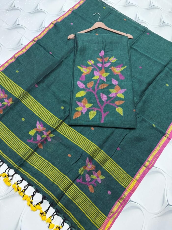 Premium Pure Linen Top & Dupatta Set with Artisanal Tree & Bird Motifs