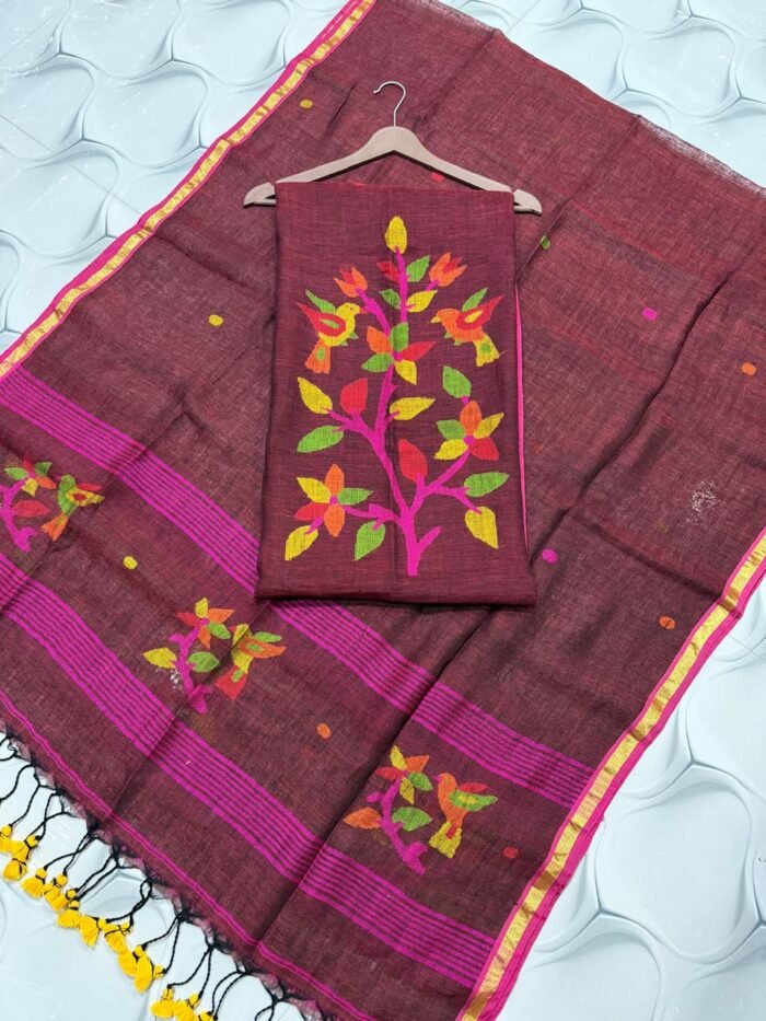 Premium Pure Linen Top & Dupatta Set with Artisanal Tree & Bird Motifs