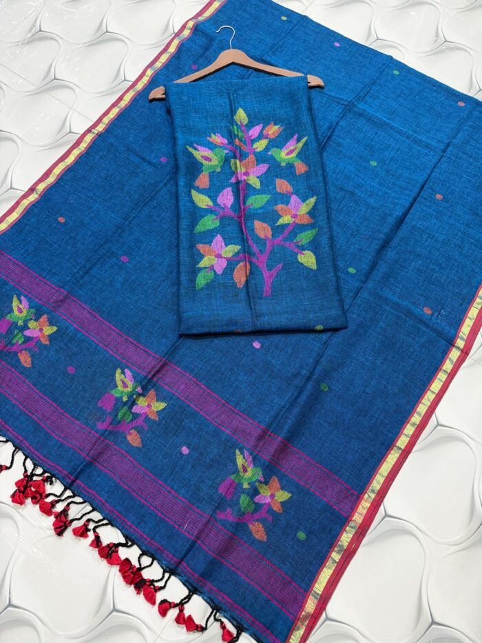 Premium Pure Linen Top & Dupatta Set with Artisanal Tree & Bird Motifs