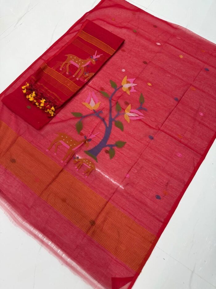 Premium Muslin Top & Dupatta Set with Jamdani Deer and Tree Motifs
