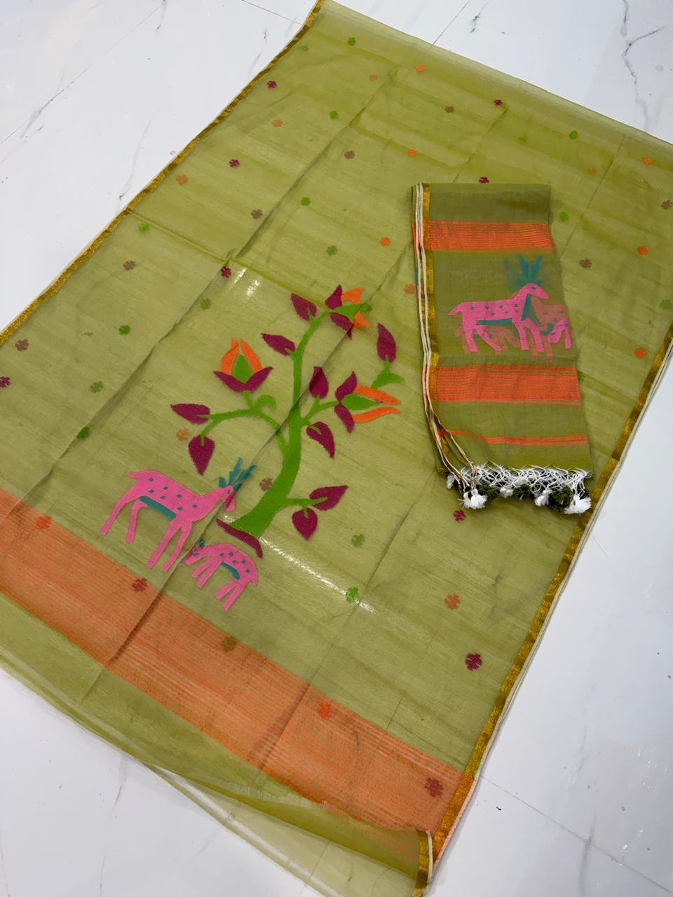 Premium Muslin Top & Dupatta Set with Jamdani Deer and Tree Motifs