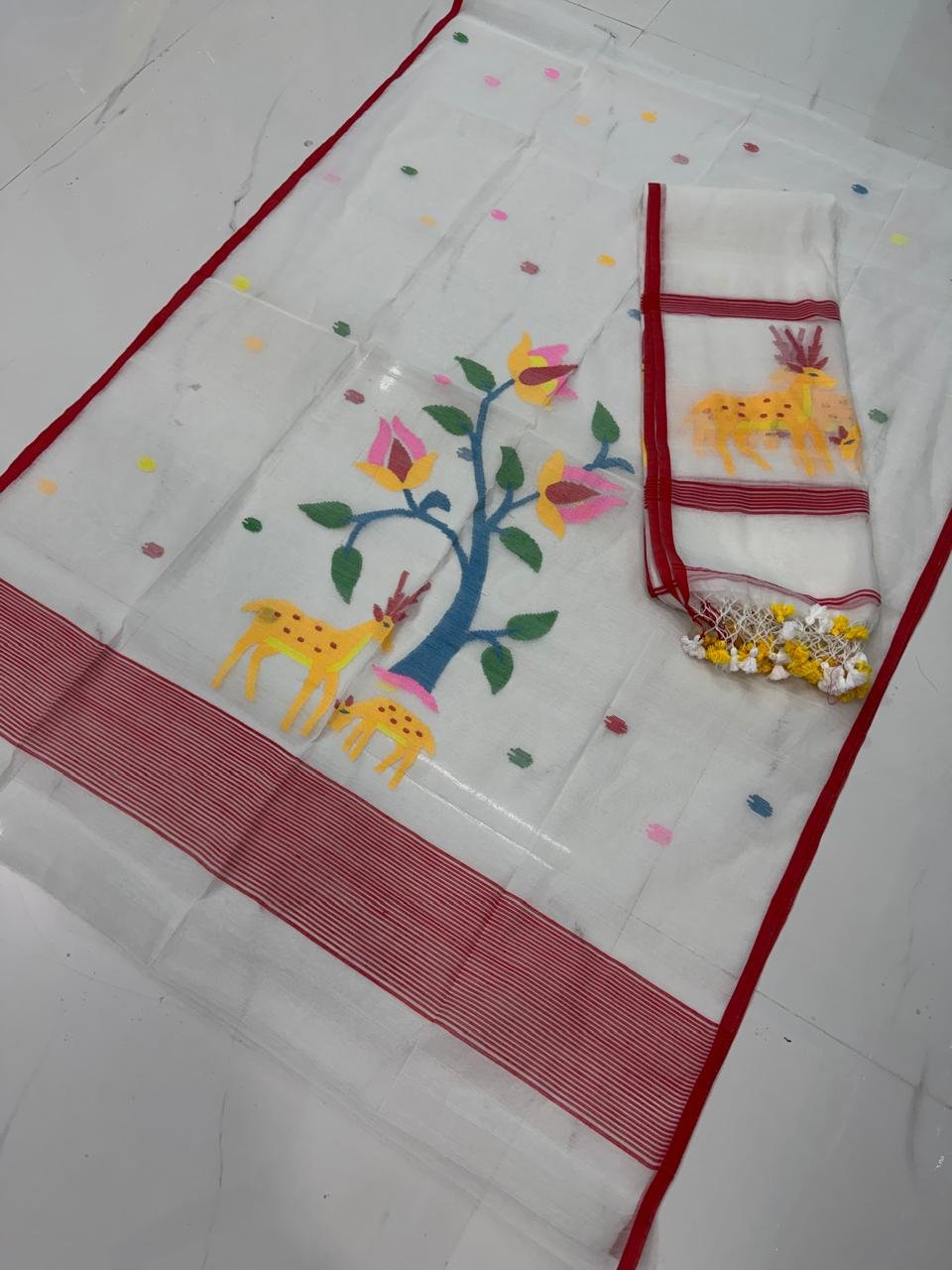 Premium Muslin Top & Dupatta Set with Jamdani Deer and Tree Motifs