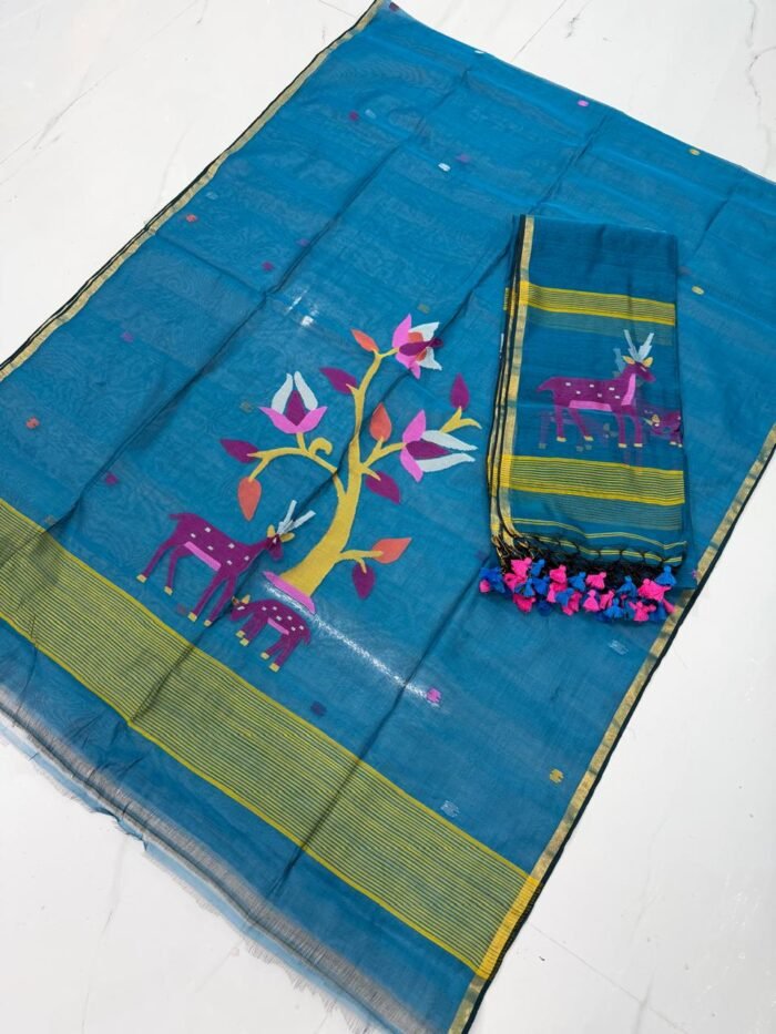 Premium Muslin Top & Dupatta Set with Jamdani Deer and Tree Motifs
