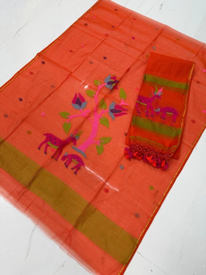 Premium Muslin Top & Dupatta Set with Jamdani Deer and Tree Motifs