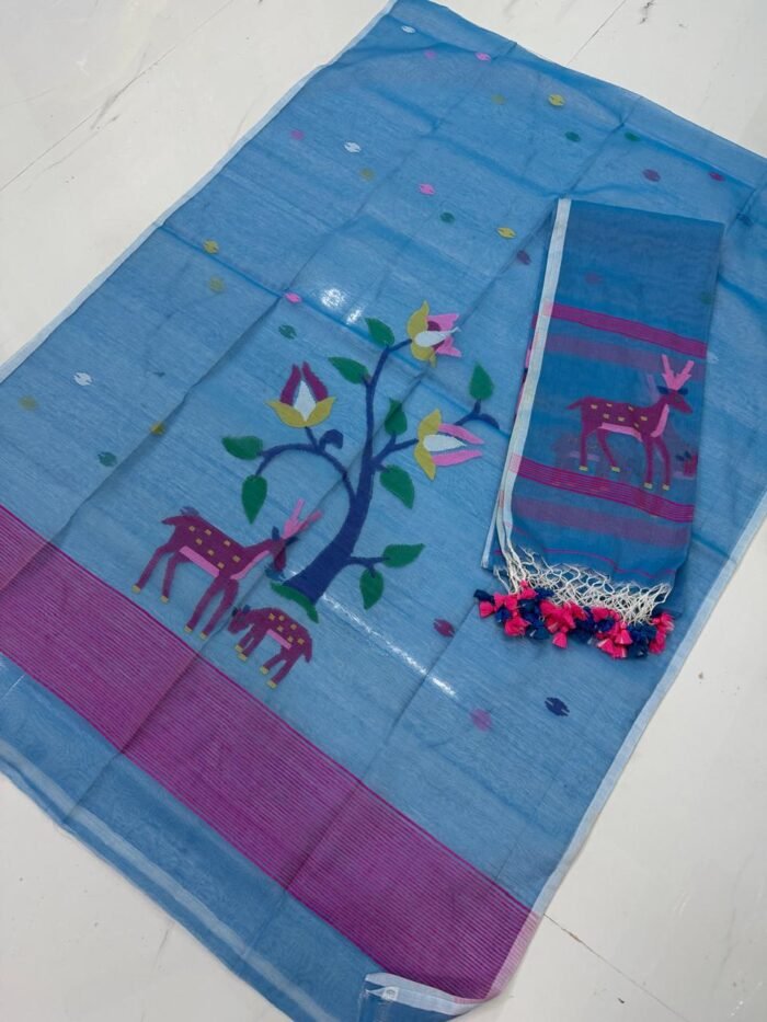 Premium Muslin Top & Dupatta Set with Jamdani Deer and Tree Motifs
