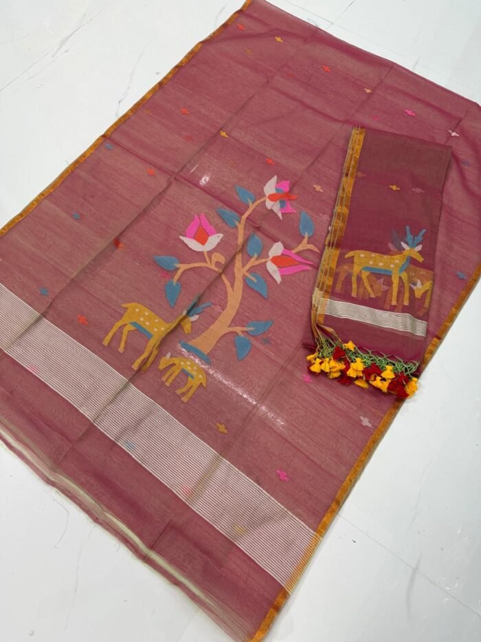 Premium Muslin Top & Dupatta Set with Jamdani Deer and Tree Motifs