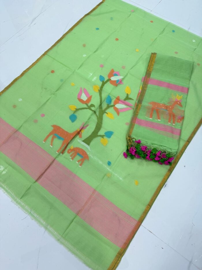 Premium Muslin Top & Dupatta Set with Jamdani Deer and Tree Motifs