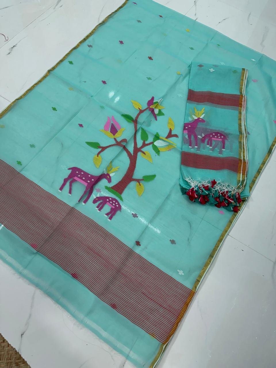 Premium Muslin Top & Dupatta Set with Jamdani Deer and Tree Motifs