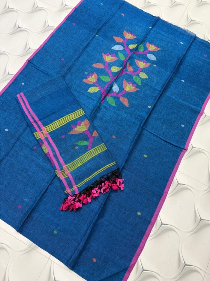 Premium Pure Linen Top & Dupatta Set with Woven Floral Vine Motifs
