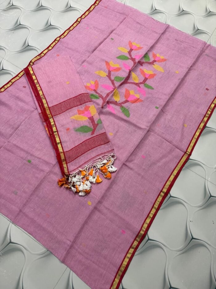 Premium Pure Linen Top & Dupatta Set with Woven Floral Vine Motifs